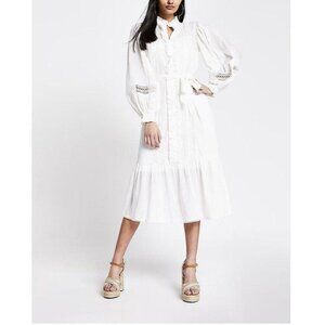 River Island Cream Embroidered Long Sleeves Midi Dress Crochet Lace S8